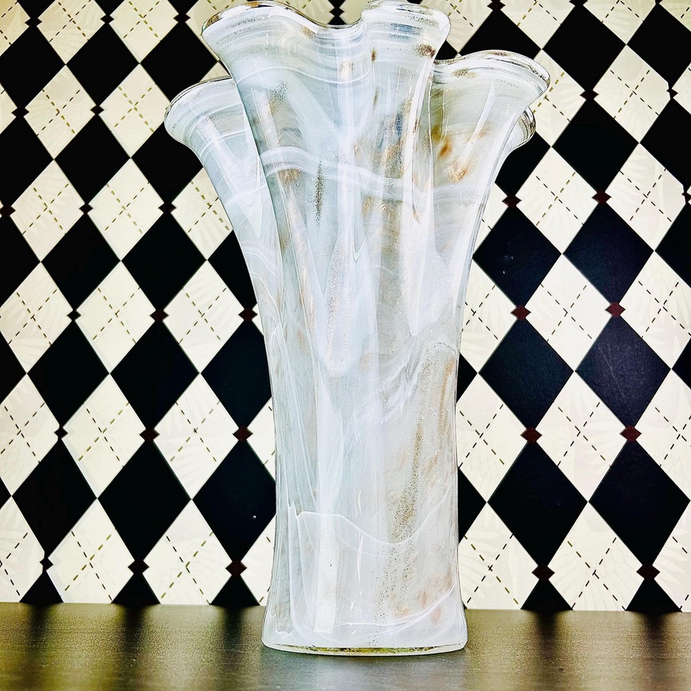 White Opaline Art Glass Vase 15" Ruffled Aventurine Statement - Picture 15 of 17